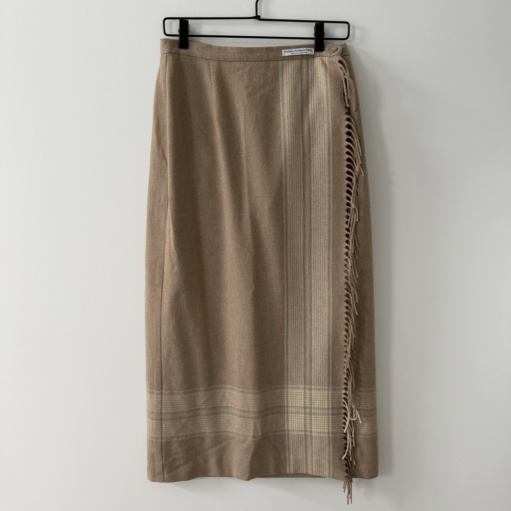 Pendleton Petite Virgin Wool Wrap Skirt Womens 8 Maxi Lined VTG Beige Plaid USA